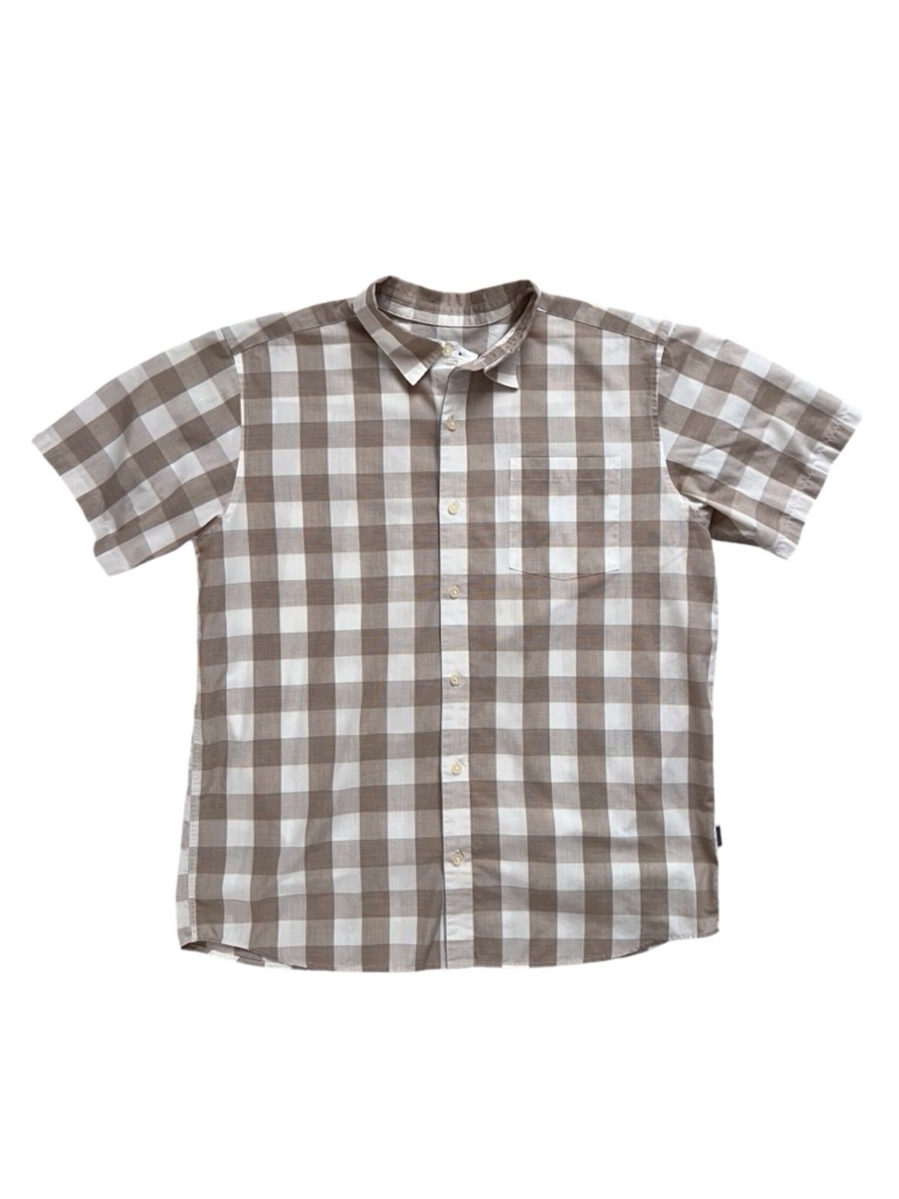 Patagonia Fezzman Men’s Short Sleeve Button Down Shirt Tan Plaid Preppy Large
